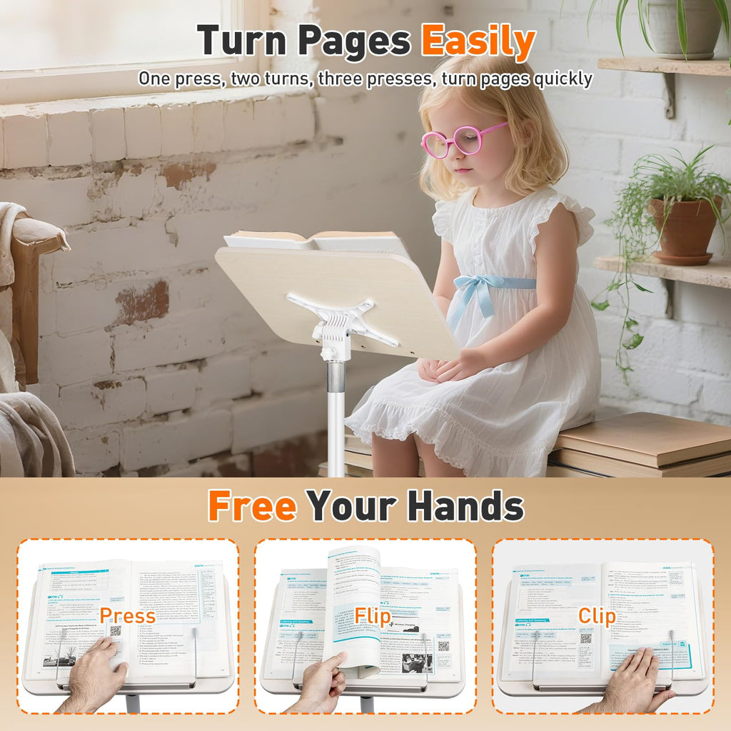 Rolling Book Stand with Wheels for Reading, Floor Standing Book Holder with Page Clips, 19"–51" Height Adjustable, Sturdy Podium Stand for Reading, Bible, Laptop, Cookbooks, or Projector