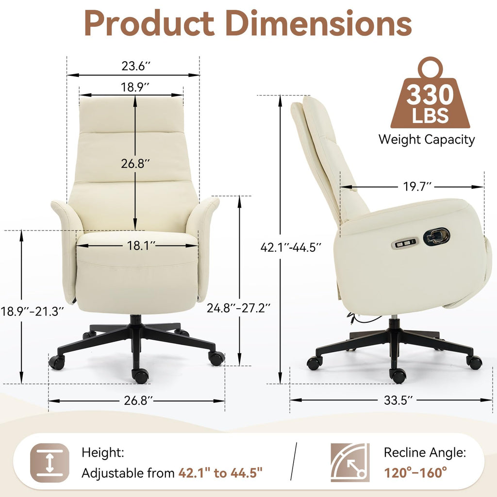 Ergonomic PU Leather Recliner Chair with Footrest, Electric Executive Office Chair for Home Office, Adjustable Seat Height and Backrest, 330 lbs Capacity, Beige