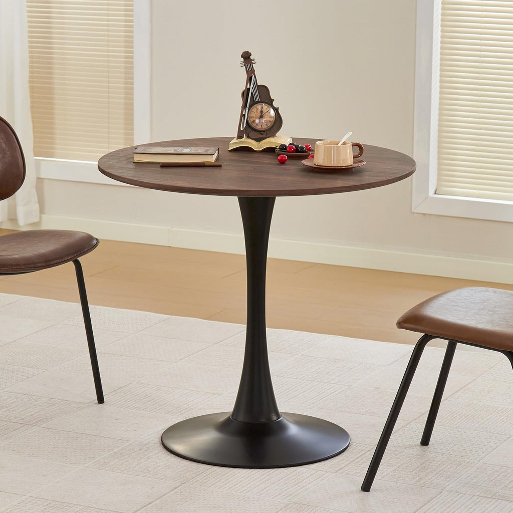 Hansweld Round Dining Table, 31.5" Circle Tulip Table with Thickened Tabletop & Metal Pedestal, Mid Century Modern Bistro Table for Kitchen, Small Places, Living Room, Cafe (Faux Walnut)