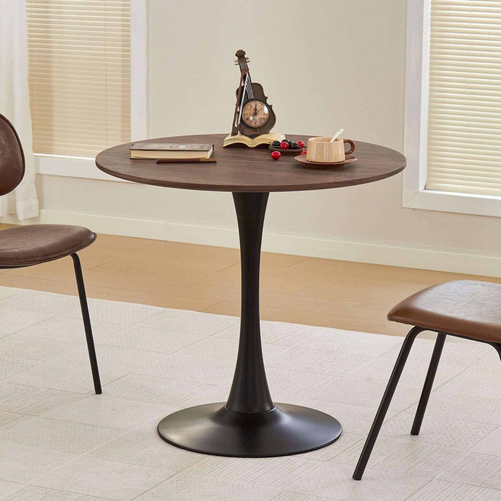 Hansweld Round Dining Table, 31.5" Circle Tulip Table with Thickened Tabletop & Metal Pedestal, Mid Century Modern Bistro Table for Kitchen, Small Places, Living Room, Cafe (Faux Walnut)