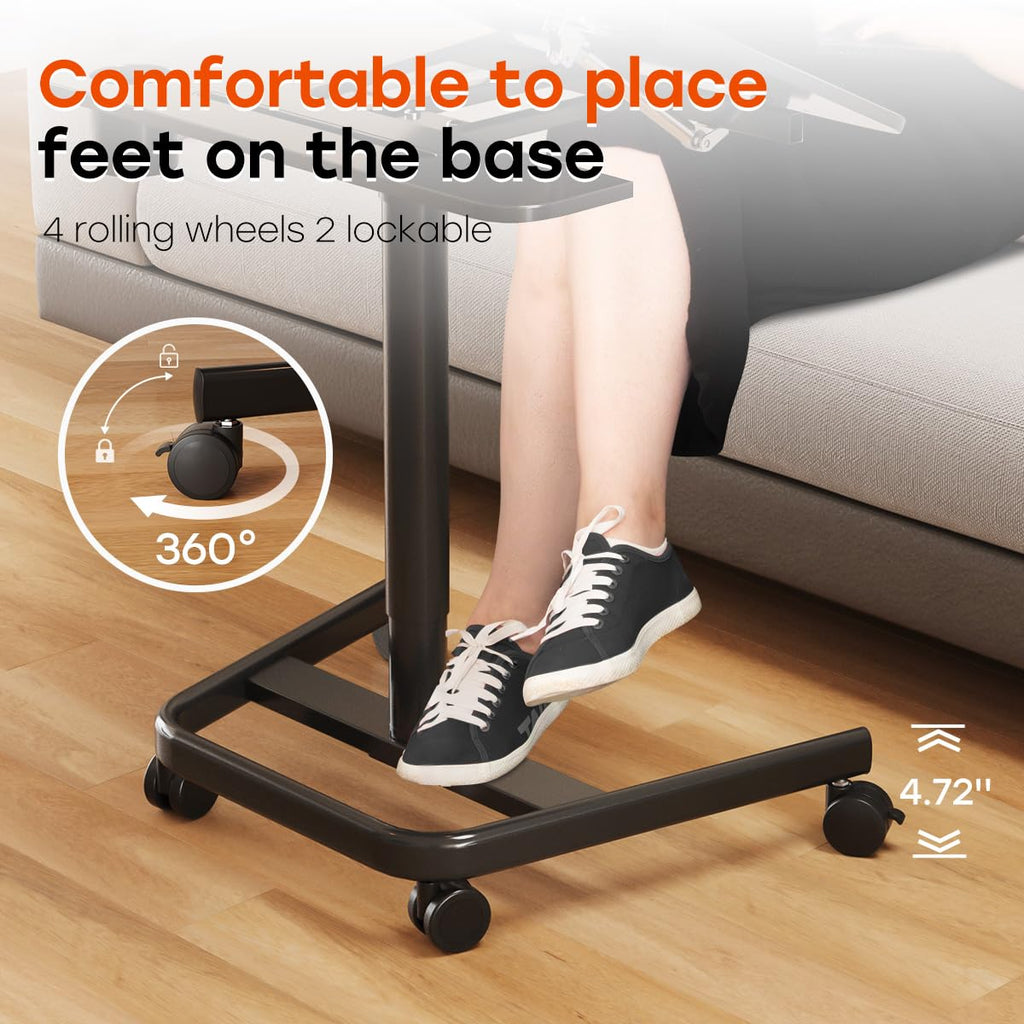 Mobile Standing Desk, Height Adjustable Table, 60° Tiltable Rolling Laptop Desk, Portable Sit Stand Desk with Wheels Cup Holder for Bed Couch Hospital, Holds Up to 22lbs, Black