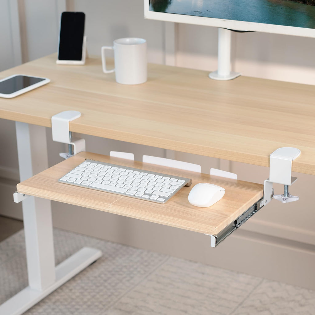 Small Clamp-on Computer Keyboard and Mouse Under Desk Slider Tray, 20 x 11 inch Pull Out Platform Drawer, Light Wood