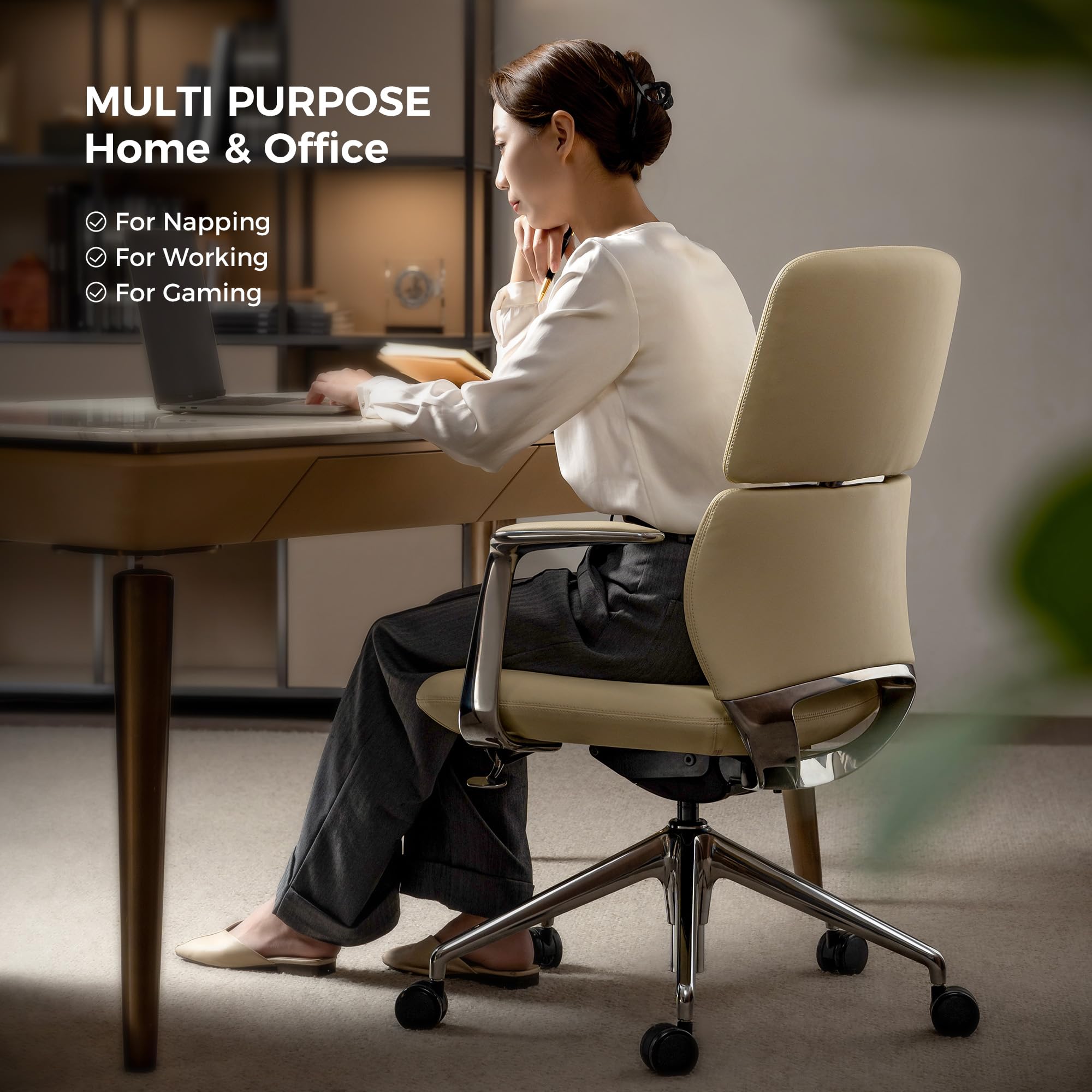 Genuine Leather Office Desk Chair with Wheels, Ergonomic Leather Executive Chair, Mid Back, Swivel Base with Adjustable Tilt, Modern Style, Luxury Aluminum Frame (Beige)