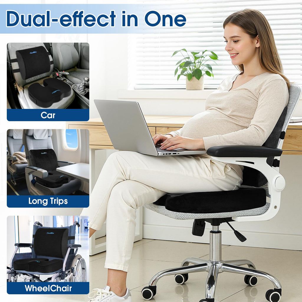 Lumbar Support Pillow & Seat Cushion Set for Office Chair, Desk Chair, Wheelchair & Car – Memory Foam Back Support, Ergonomic Chair Cushions, Sciatica Pain Relief, Home Essentials, Black