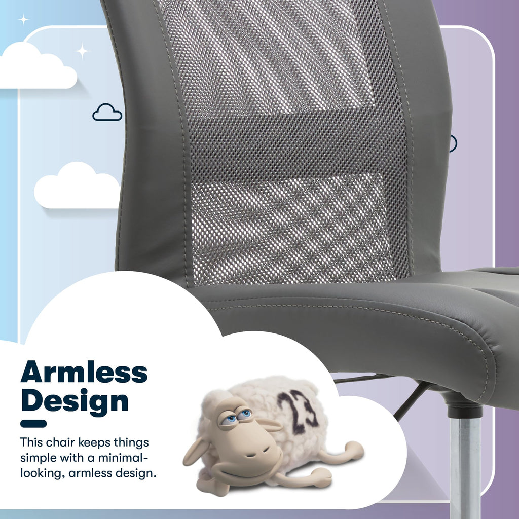 Essential Armless Chair, Small Desk Chairs with Wheels, Breathable Mesh Back and Faux Leather, Quality Foam Cushion Seat for Comfort, Minimal Design for Vanity Table, Gray