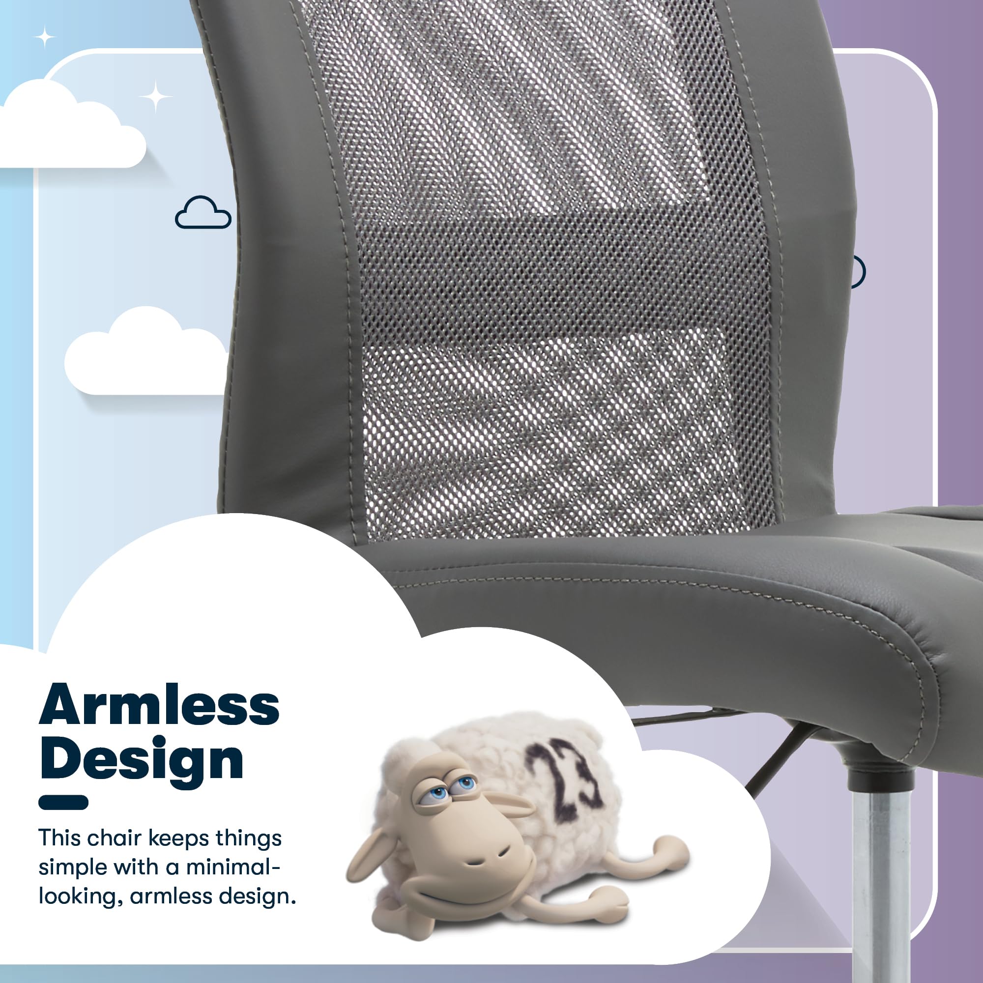 Essential Armless Chair, Small Desk Chairs with Wheels, Breathable Mesh Back and Faux Leather, Quality Foam Cushion Seat for Comfort, Minimal Design for Vanity Table, Gray