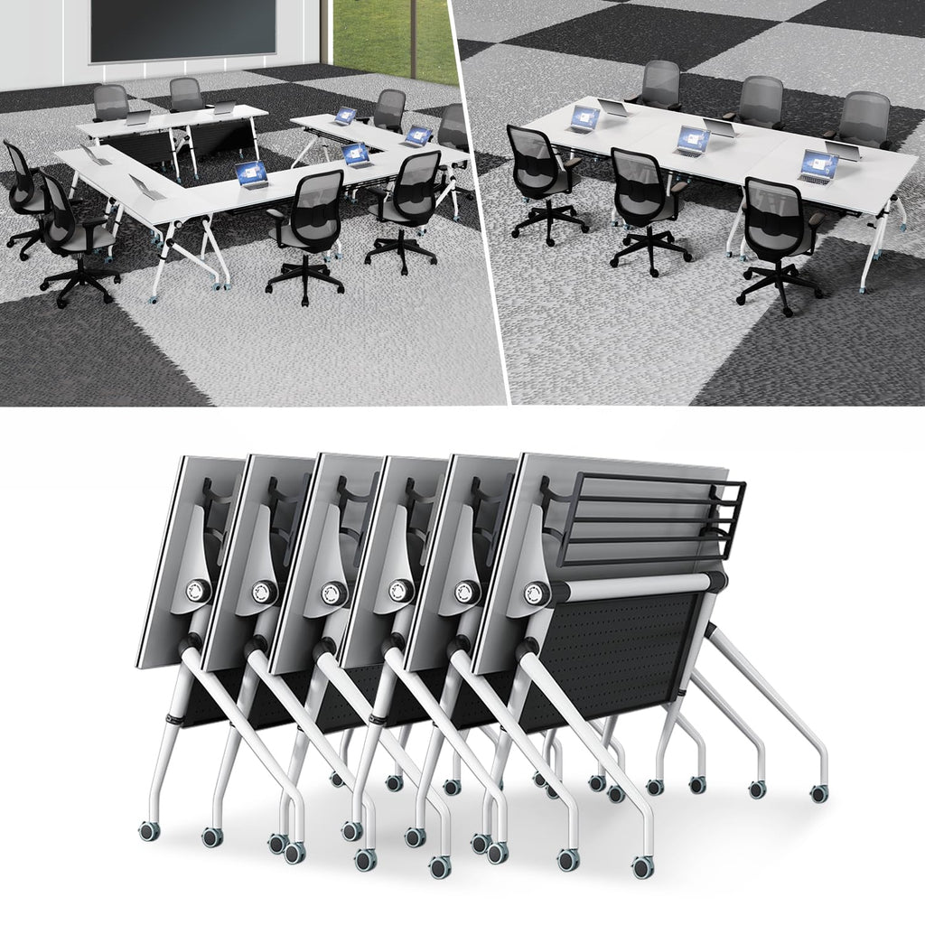 Folding Conference Tables,47.2x23.6x29.5in Modern Conference Room Tables Seminar Mobile Training Table,with Caster Modular Flip Top Meeting Table for Office Conference Room (White, 8 Pack)