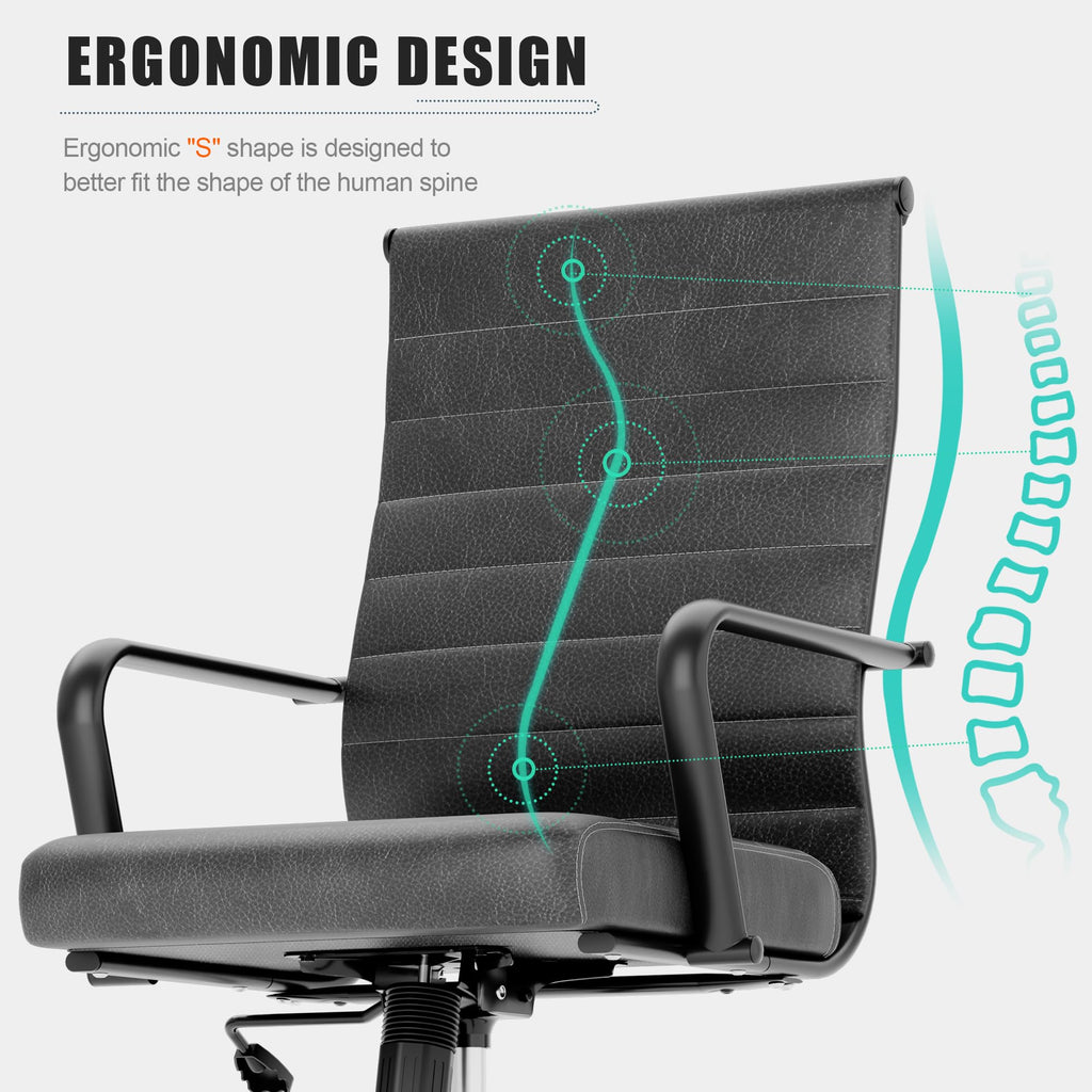 Genuine Leather Office Chair, Mid-Century Modern Real Leather Conference Room Chairs, Ergonomic Executive Ribbed Height Adjustable Swivel Rolling Desk Chair for Home Office.