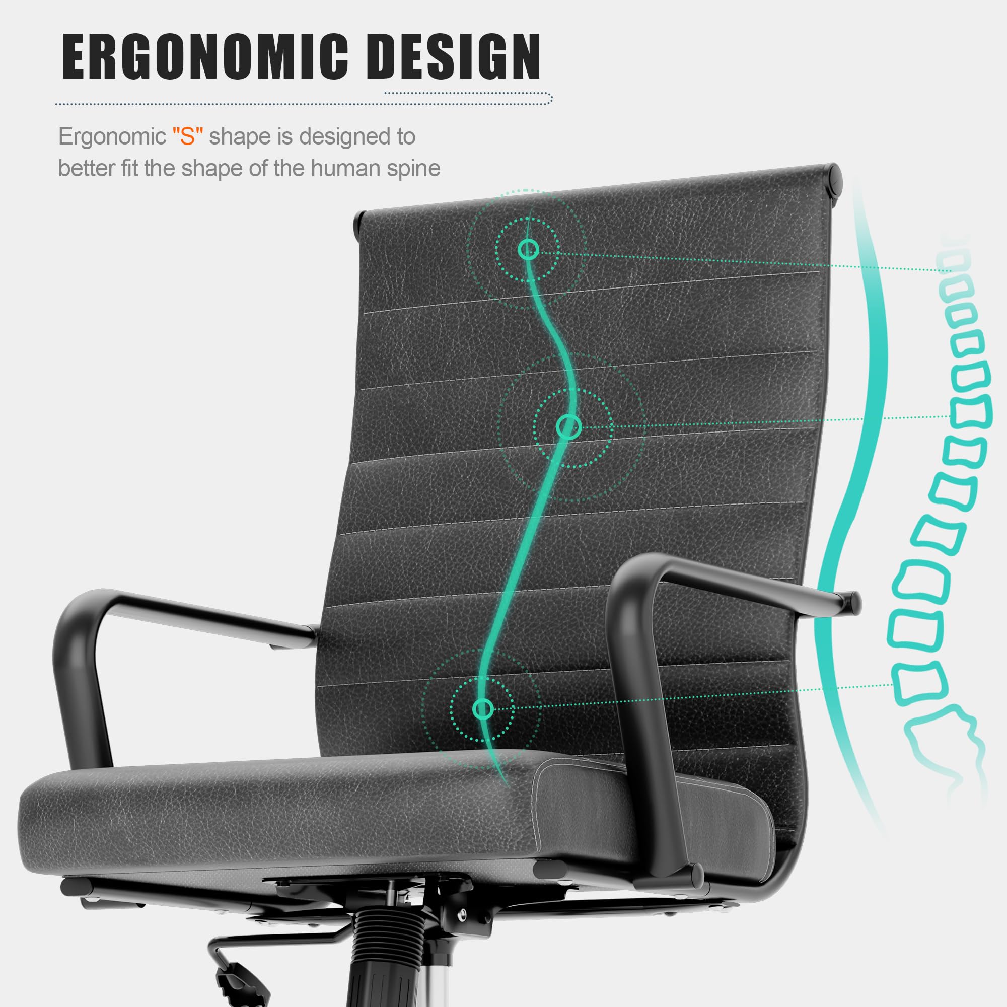 Genuine Leather Office Chair, Mid-Century Modern Real Leather Conference Room Chairs, Ergonomic Executive Ribbed Height Adjustable Swivel Rolling Desk Chair for Home Office.