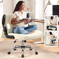 Criss Cross Office Chair with 2-in-1 Flip Backrest – Ergonomic PU Leather Floor Sitting Chair, Adjustable Height, 360° Swivel & Flip-Up Arms, Extra-Wide Seat for Home Office, Vanity, Nail Salon-White