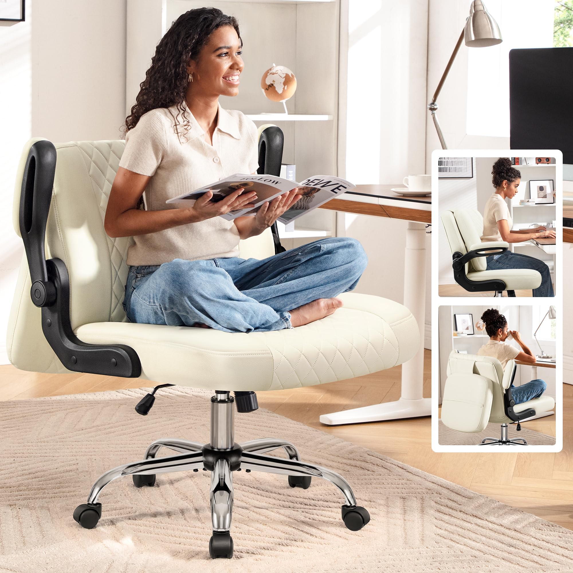 Criss Cross Office Chair with 2-in-1 Flip Backrest – Ergonomic PU Leather Floor Sitting Chair, Adjustable Height, 360° Swivel & Flip-Up Arms, Extra-Wide Seat for Home Office, Vanity, Nail Salon-White