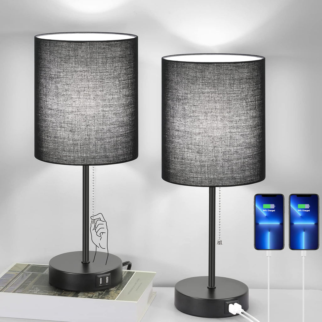 Bedside Table Lamps Set of 2 with USB Charging Ports and AC Outlet, Black
