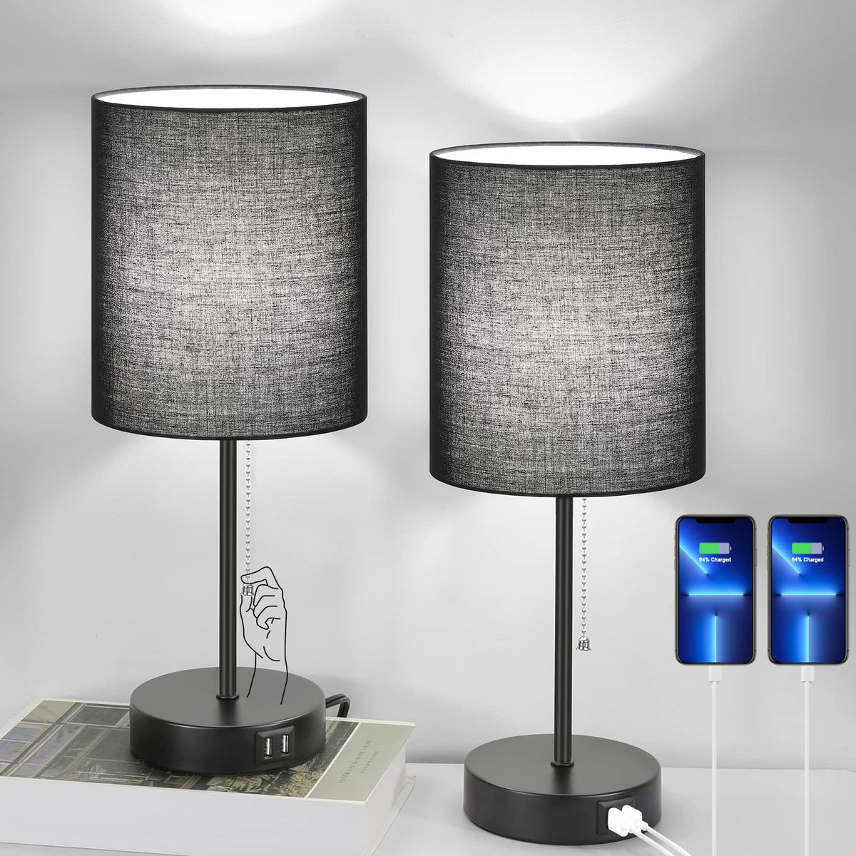 Bedside Table Lamps Set of 2 with USB Charging Ports and AC Outlet, Black