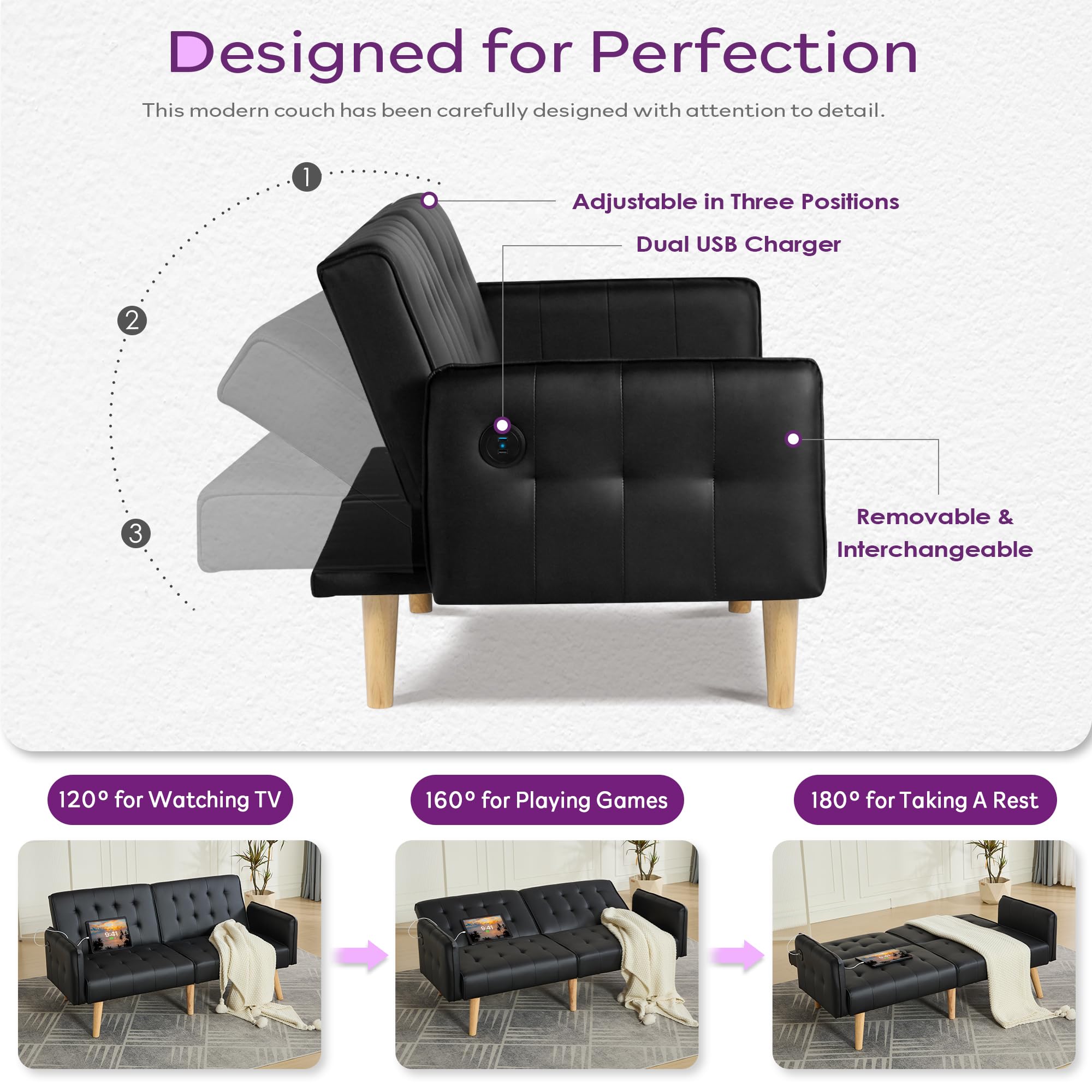 Faux Leather Convertible 65'' Folding Futon Sofa Bed w/ 2 USB, Loveseat for Small Space, Office, Apartment, Dorm, Living Room, Black