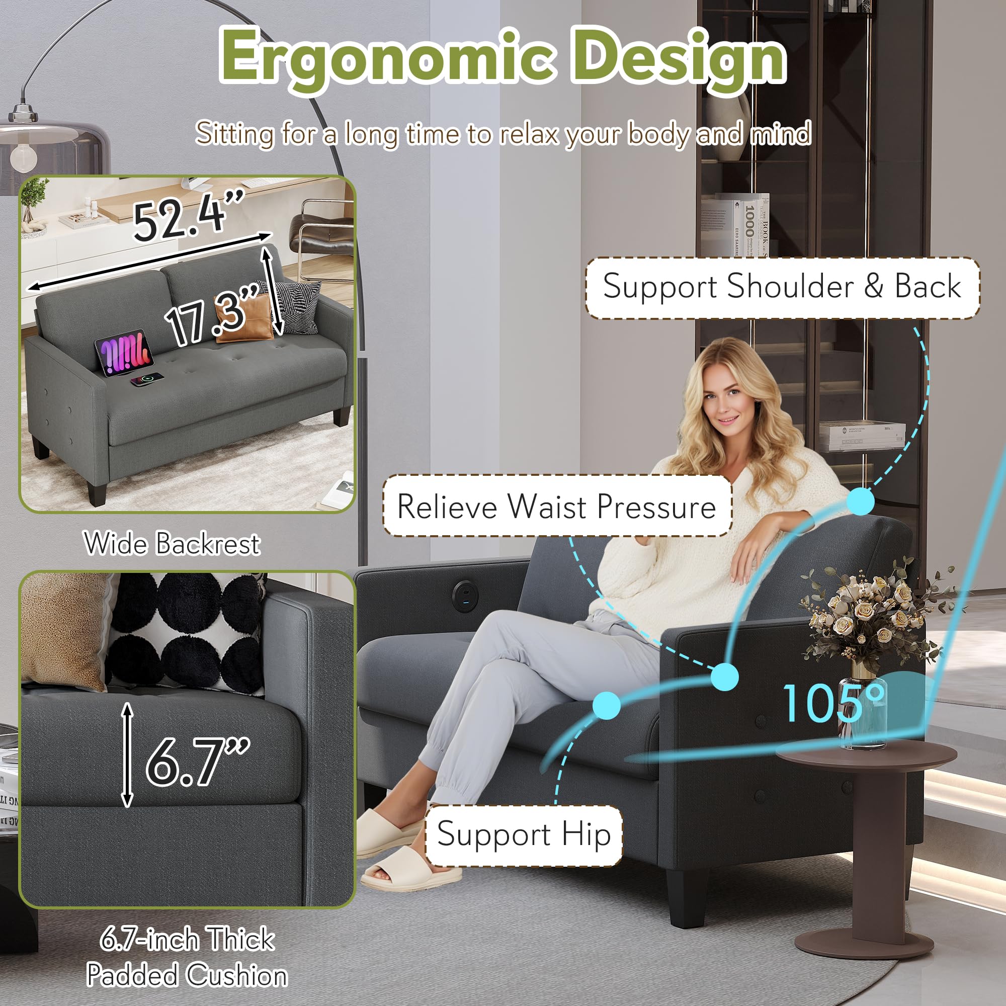 Comfy Loveseat Sofa Small Grey Couch, Small Love Seat Bedroom, Mid Century Modern Couches Living Room Dorm Office, 2 Seater Couch Deep Seat Sofas, 57”W (Dark Grey (Loveseat))