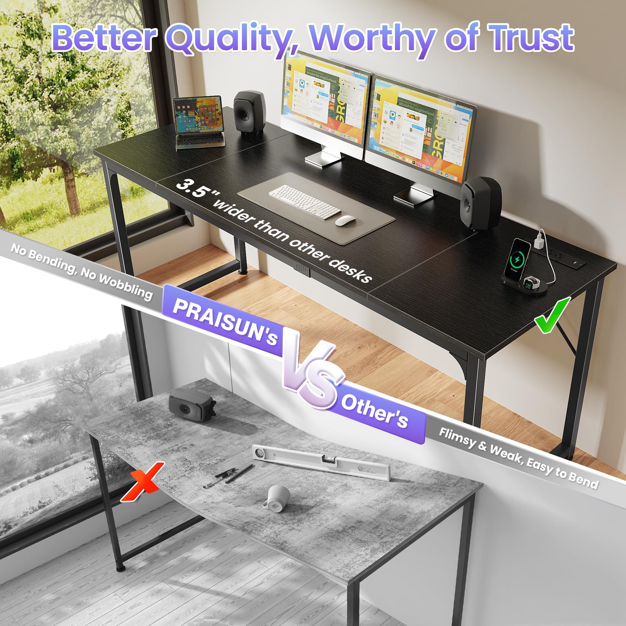 70 X 24 Inch Office Computer Desk with Power Outlets and USB-C Port, Larger and Longer Gaming Desk, for Home Office, Study, Writing Work from Home Table, Metal Frame, Black