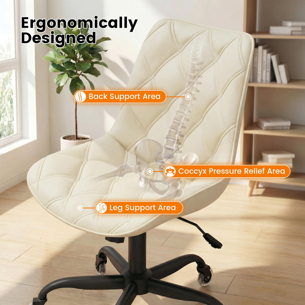 Armless Office Chair, Mid Back Modern Desk Chair with Rubber Wheels, 360 Swivel PU Leather Office Chair No Arms, Adjustable Height Small Computer Chair, Armless Desk Chair for Office, White