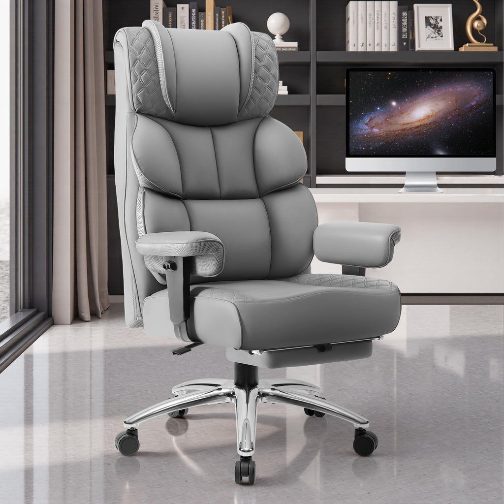 Office Desk Chair, Big and Tall Leather Gaming Chair with Footrest, Wide Ergonomic Comfy Executive High-Back Reclining Computer Chairs, Swivel Rolling Wheels and Padded Lumbar Support, Gray