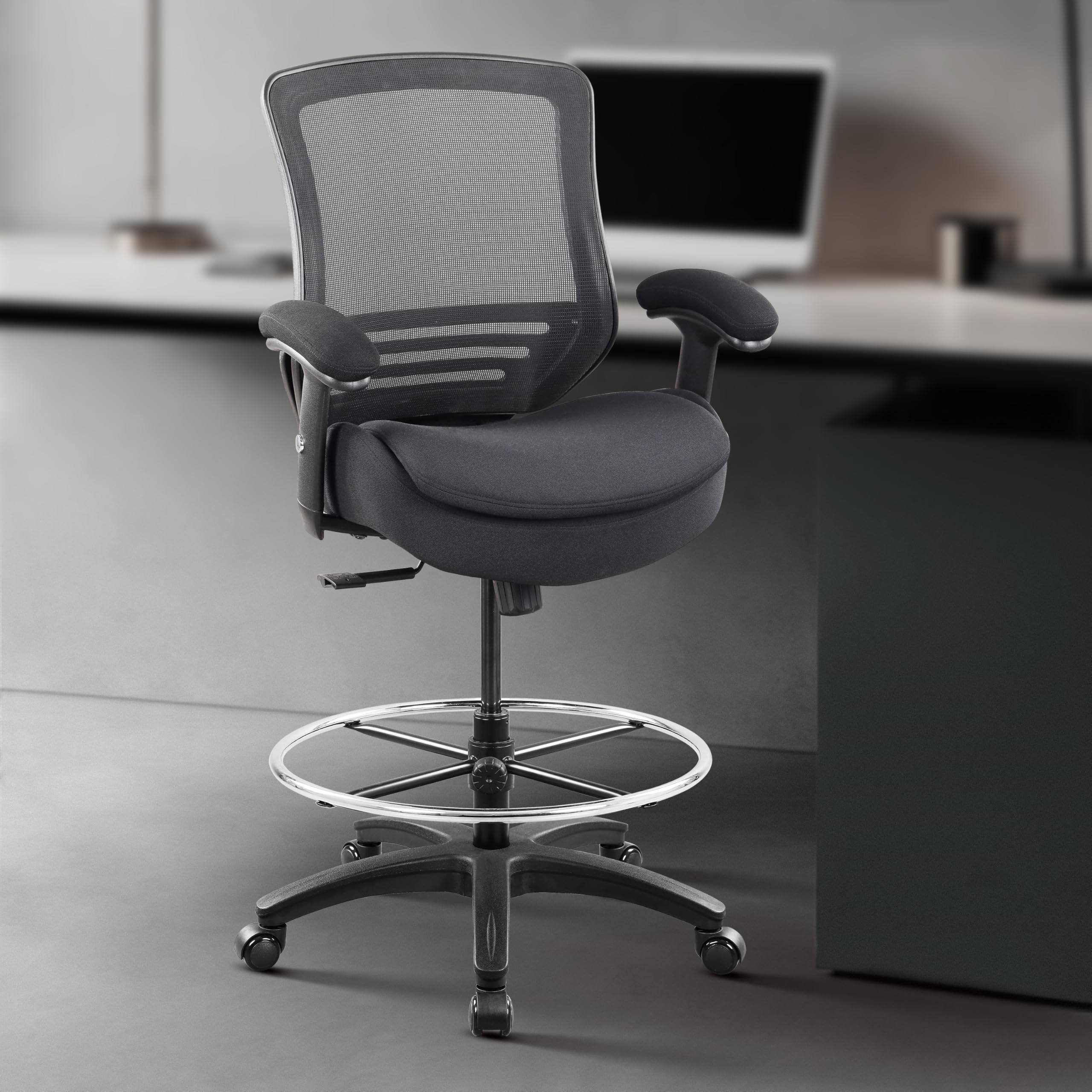400lbs Ergonomic Office Drafting Chair Mid Mesh Back for Height Adjustable Desk 21inch Foot Ring Height Adjustable Armrest (Black) ﻿