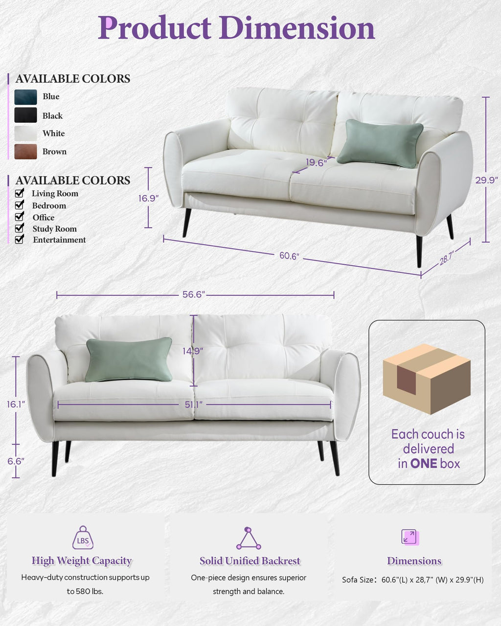 61" Loveseat Couches for Living Room, White Faux Leather Couch Mid Century Modern Tufted Mini Sofa Comfy Office 2 Seat Settee Love Seat Small Couches for Small Spaces Bedroom, White