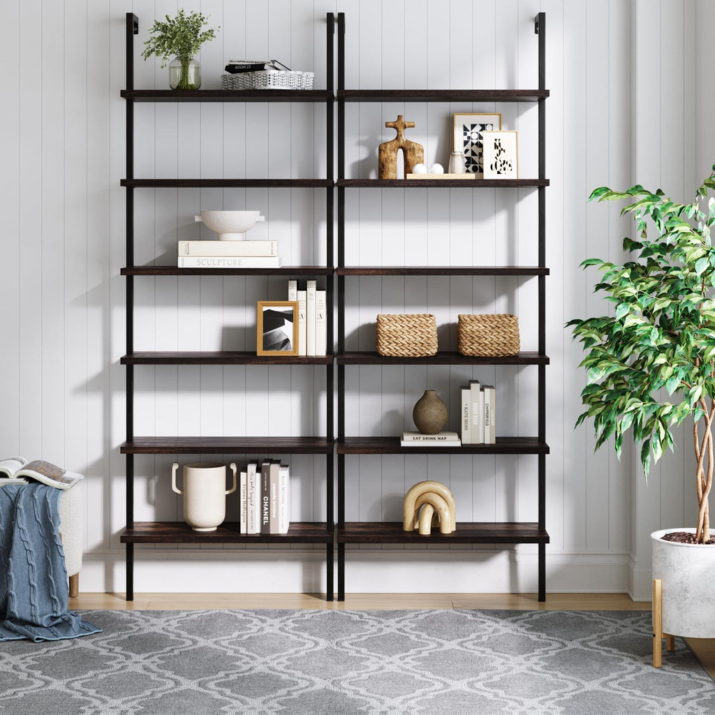 6-Shelf Tall Bookcase, Wall Mount Bookshelf with Natural Wood Finish and Industrial Metal Frame, Nutmeg/Matte Black, Set of 2