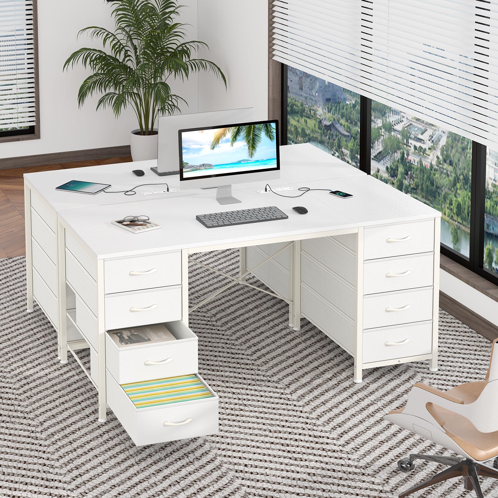 50 Inch White Computer Desk with 8 Drawers, Home Office Desk with Power Outlets, Work Study Gaming Desk with 8 Fabric Drawers, White