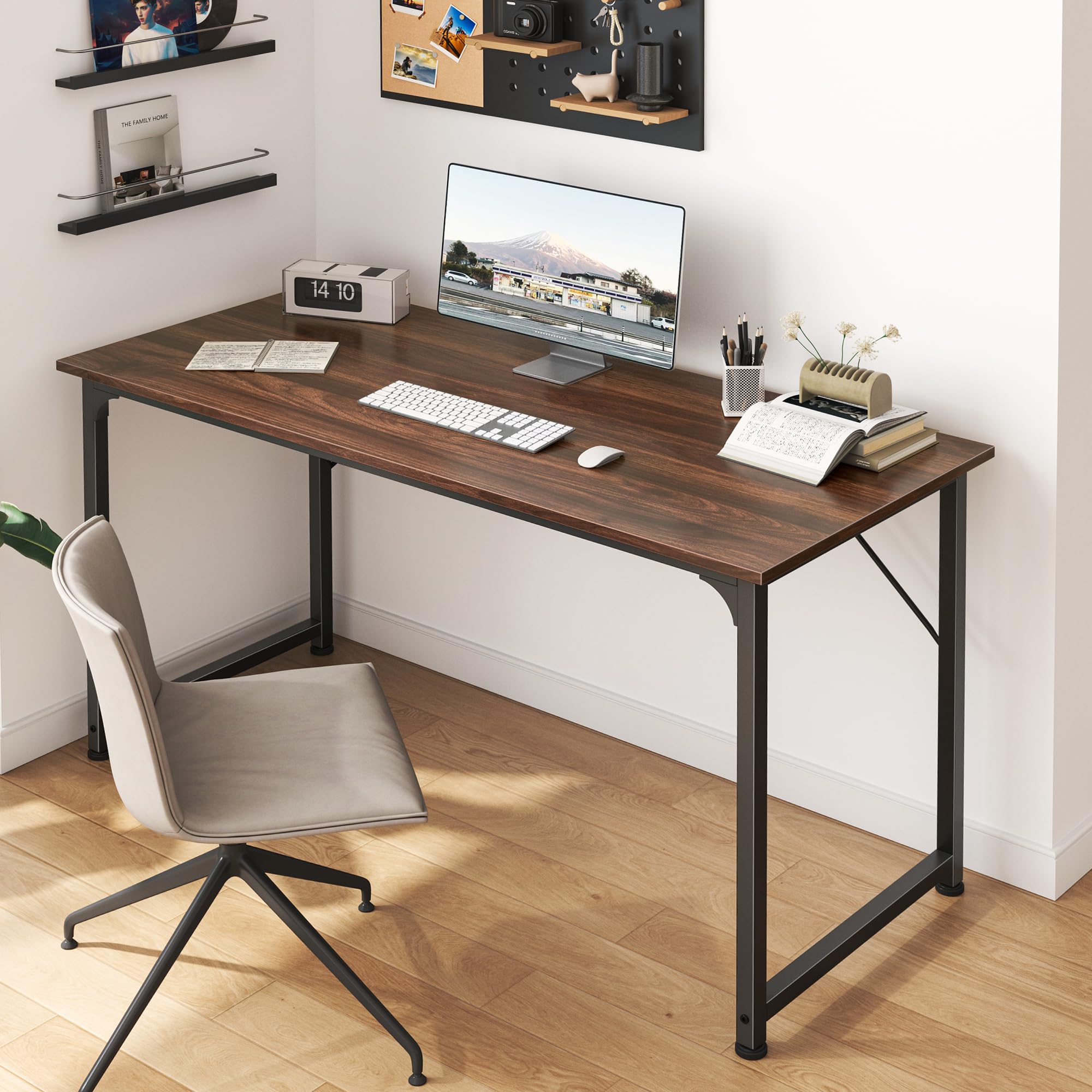 Computer Desk, 48 Inch Office Desk, Gaming Desk with Storage, Writing Desk Work Desk for Home Office, Study, Modern Simple Desk, Large Legroom, Metal Frame, Walnut