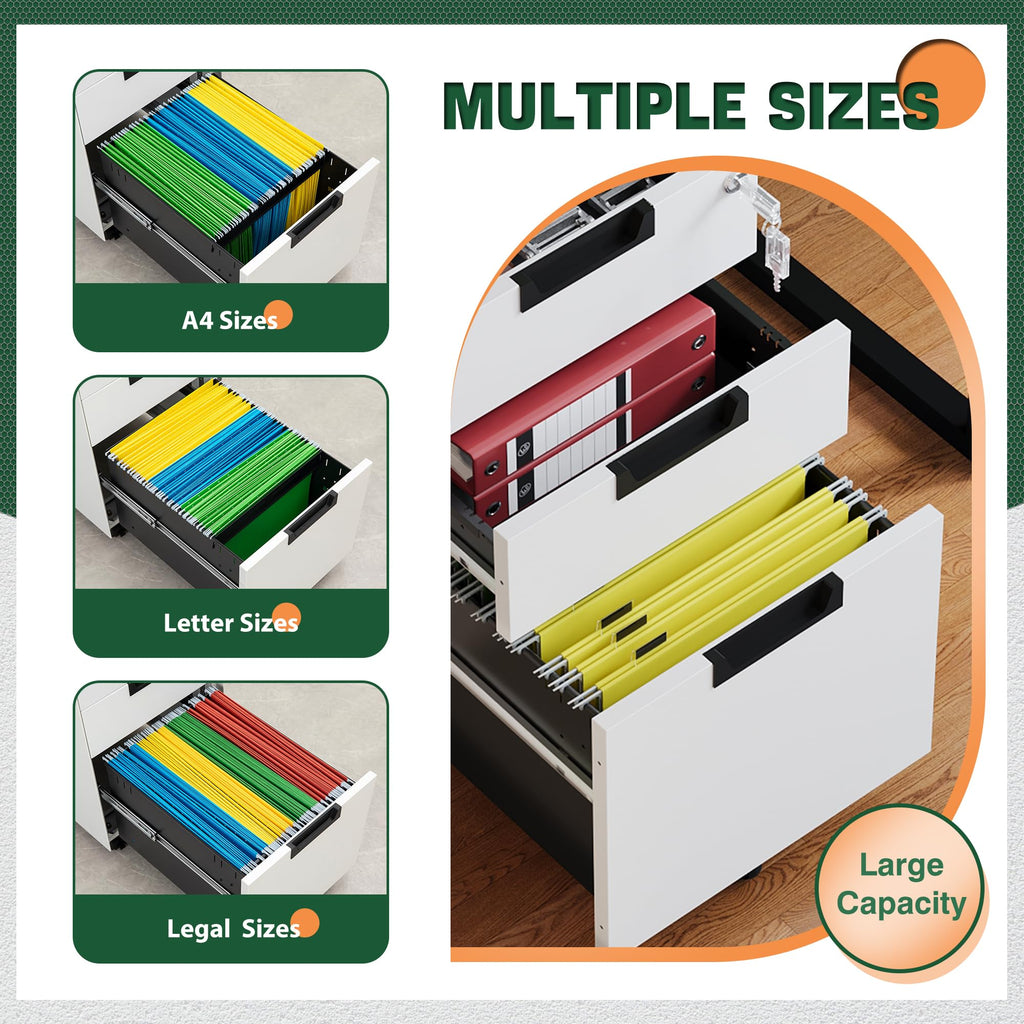 3 Drawer Mobile File Cabinet with Lock,Under Desk Metal Small Filing Cabinets for Home Office Organizer Letters/Legal/A4(Fully Assembled Except Wheels-White)