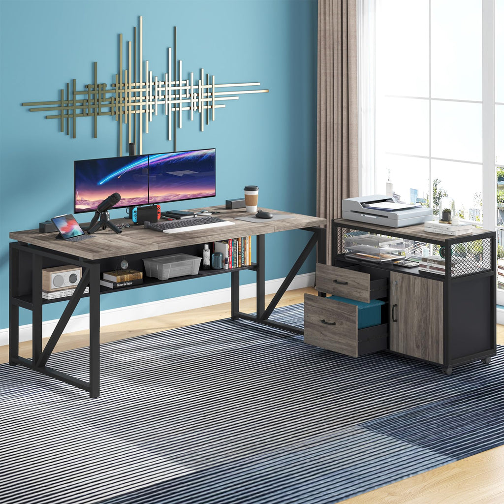 63" Executive Computer Desk and lateral File Cabinet, 2 Piece Home Office Furniture with Drawers for Hanging File, Doors with Locks (Gray, 63 inches)