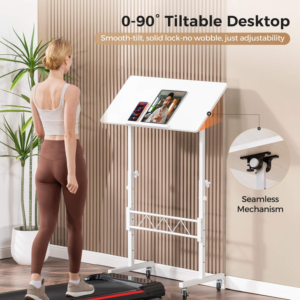 Standing Desk Adjustable Height & Tiltable Tabletop, Portable Stand Up Desk for Laptop, Mobile Folding Desk for Home Office Work and Walking Pad Treadmill, Height 30.7"-46.4", White