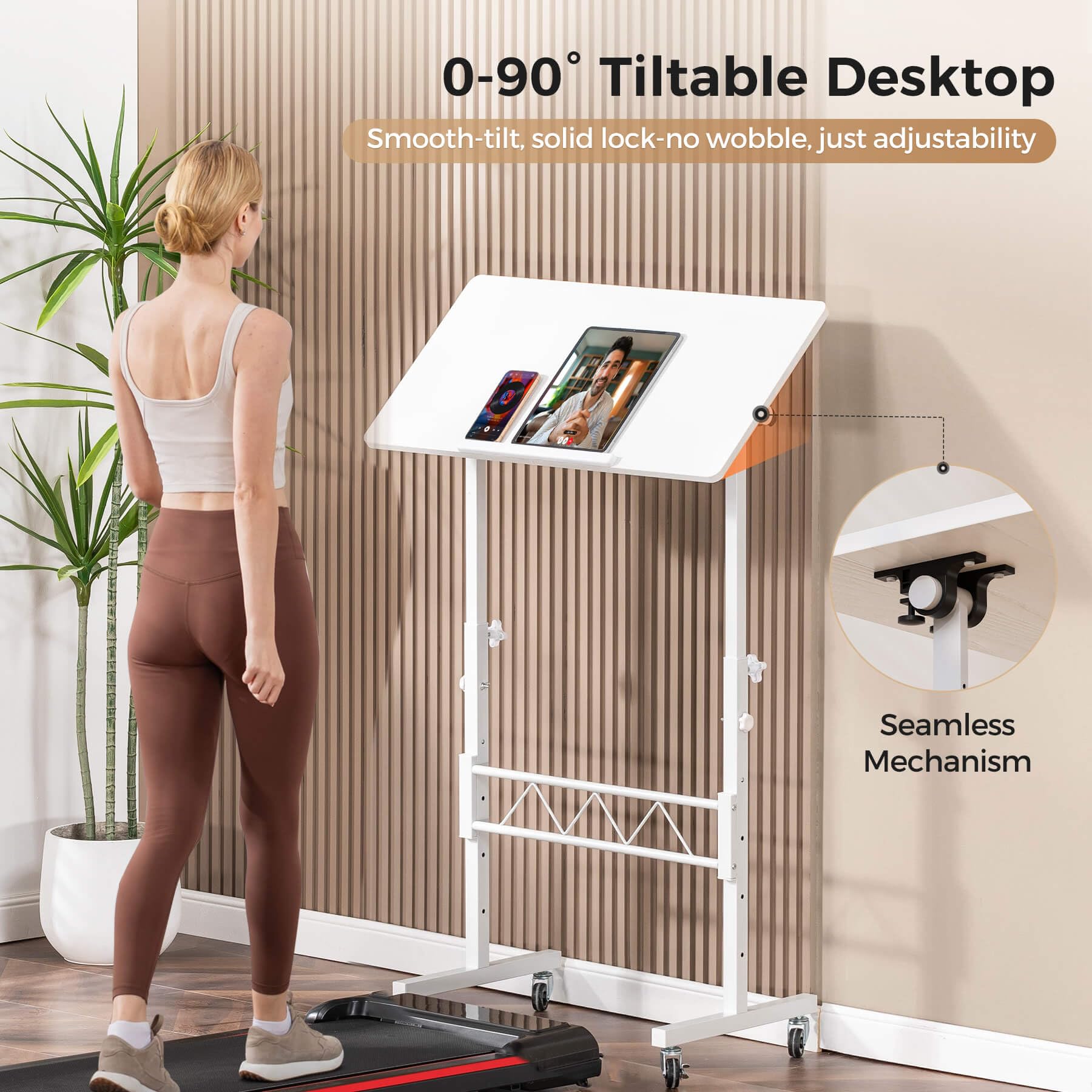 Standing Desk Adjustable Height & Tiltable Tabletop, Portable Stand Up Desk for Laptop, Mobile Folding Desk for Home Office Work and Walking Pad Treadmill, Height 30.7"-46.4", White