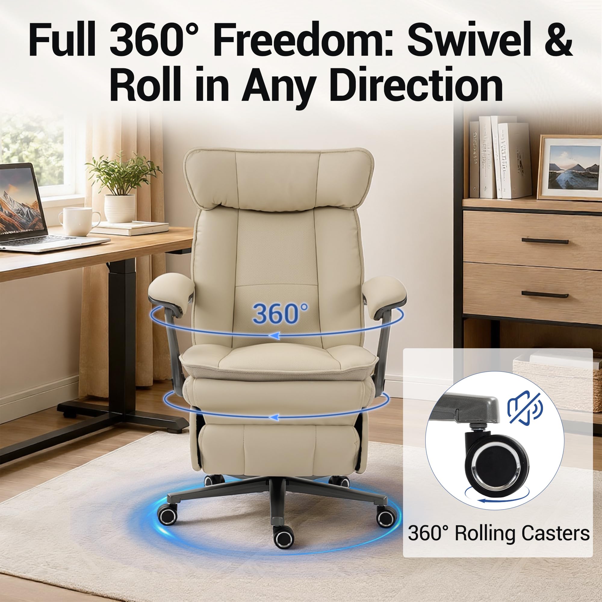 Electric Office Chair with USB Charging, 420lbs PU Leather Power Recliner with Footrest, Ergonomic High Back Executive Chair for Home Office & Gaming, Beige