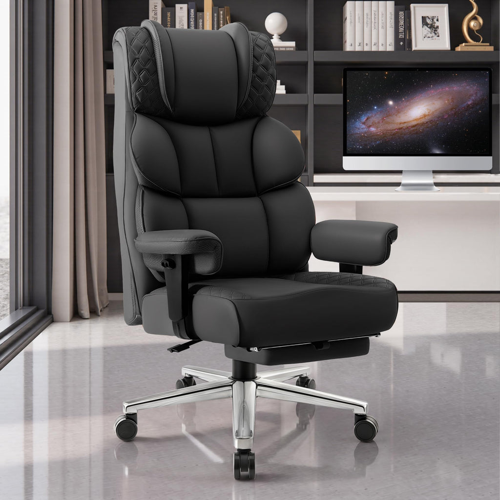 Office Desk Chair, Big and Tall Leather Gaming Chair with Footrest, Wide Ergonomic Comfy Executive High-Back Reclining Computer Chairs, Swivel Rolling Wheels and Padded Lumbar Support, Black Updated