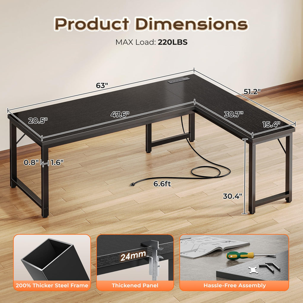 63 Inch L Shaped Desk with Power Outlets and USB-C Port, Reversible Computer Desk, Larger Office Corner Gaming Desk, 0.95 Inch Thicker Desktop, Metal Frame, for Home Office, Study, Black