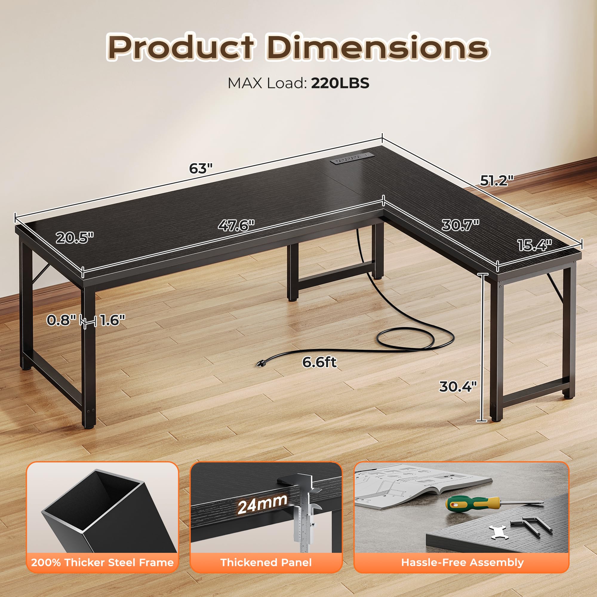 63 Inch L Shaped Desk with Power Outlets and USB-C Port, Reversible Computer Desk, Larger Office Corner Gaming Desk, 0.95 Inch Thicker Desktop, Metal Frame, for Home Office, Study, Black