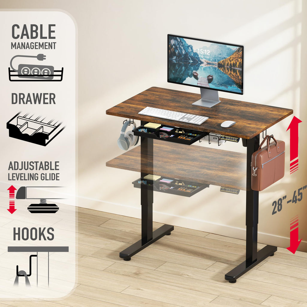 40-Inch Electric Height Adjustable Standing Desk with Drawer, Memory Preset and Cable Management Tray, Rustic Brown