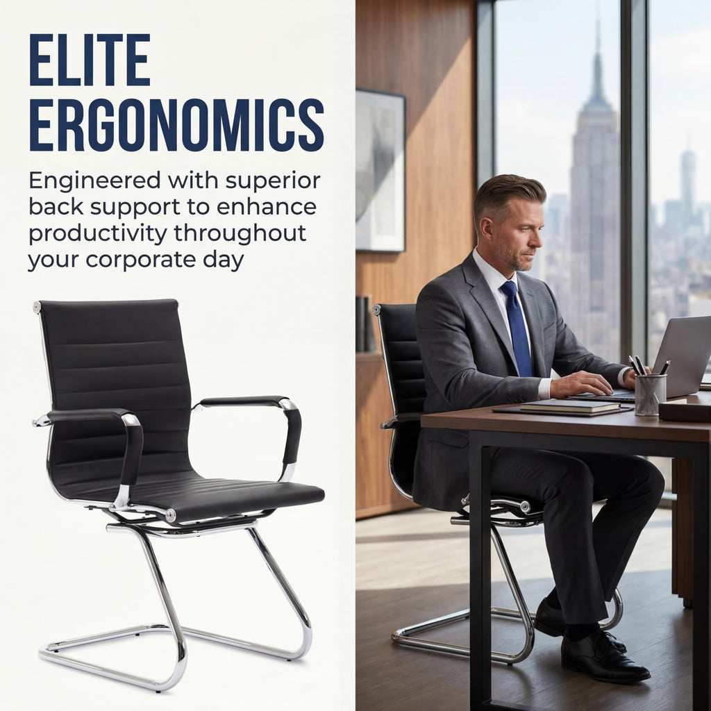 Conference Room Chairs Set of 6, Waiting Room Chairs with Arms, Faux Leather Reception Chairs No Wheels, Office Guest Chairs with Mid Back Support and Chrome Sled Base, Black