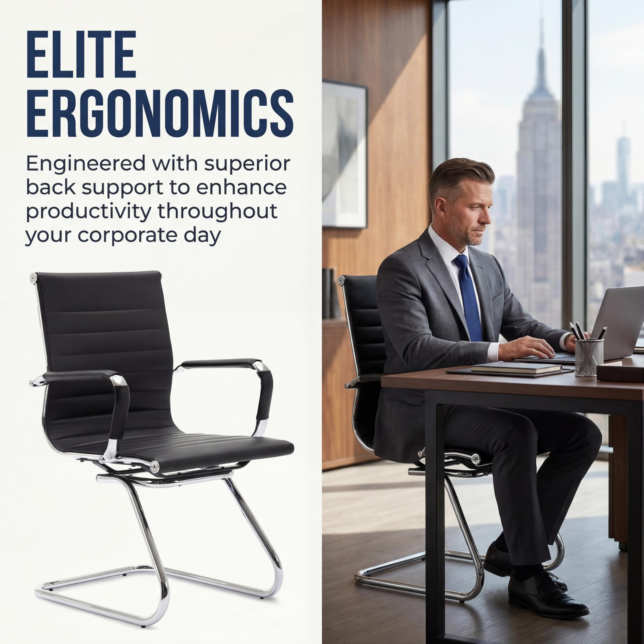 Conference Room Chairs Set of 8, Faux Leather Office Guest Chairs with Arms, Reception & Waiting Room Seating, No Wheels Meeting Chairs with Mid Back Support and Chrome Sled Base, Black