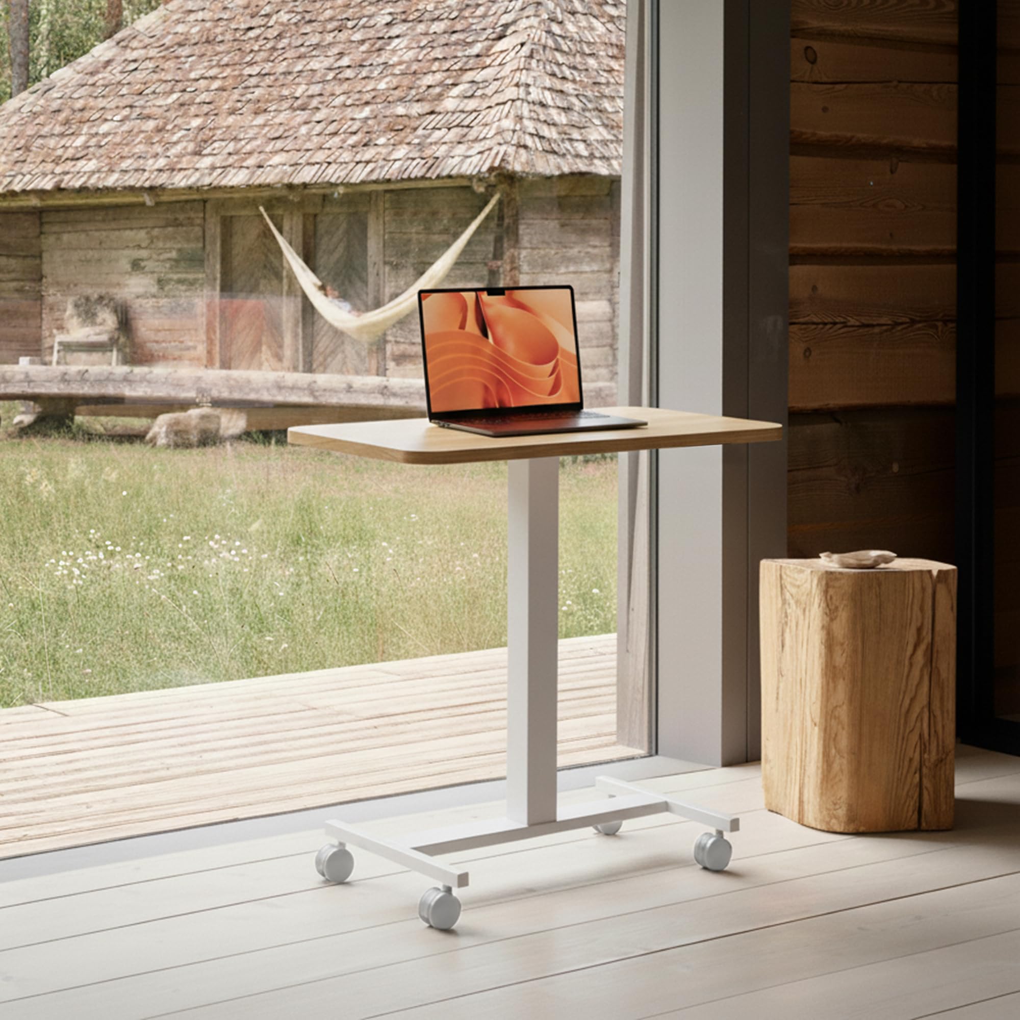 Small Rolling Laptop Standing Desk, Height Adjustable Mobile T-Base Desk with Lockable Casters, Portable Sit-Stand Workstation for Bedside & Sofa, Light Walunt