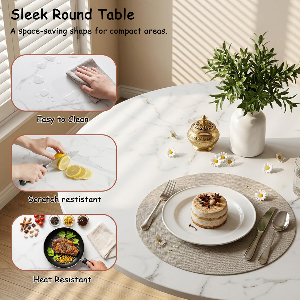 Sybrioka 27.6" Marble Round Tulip Table, Mid-Century Modern Style Dining Table with White Pedestal Base for 2-4 People, Featuring A Marble Tabletop for Kitchen, Dining Room, Cafe (White)