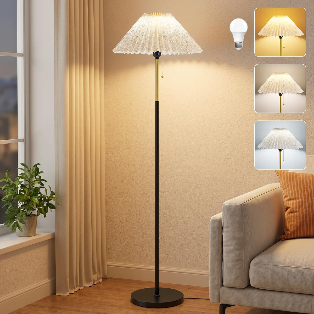 Floor Lamps for Living Room, 59.5" Pleated Modern Standing Lamp,Linen Shade