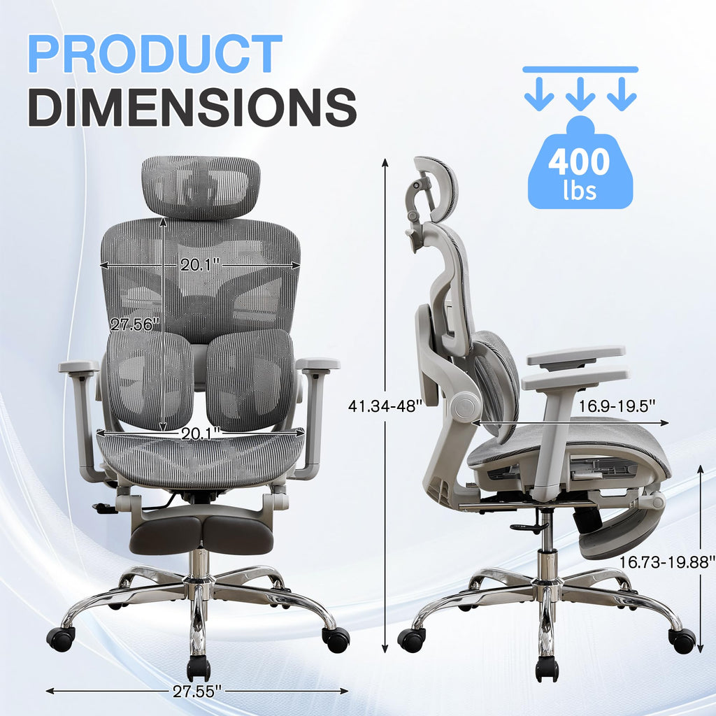 Ergonomic Mesh Office Chair with 2-Zone Lumbar Support and Footrest,Grey