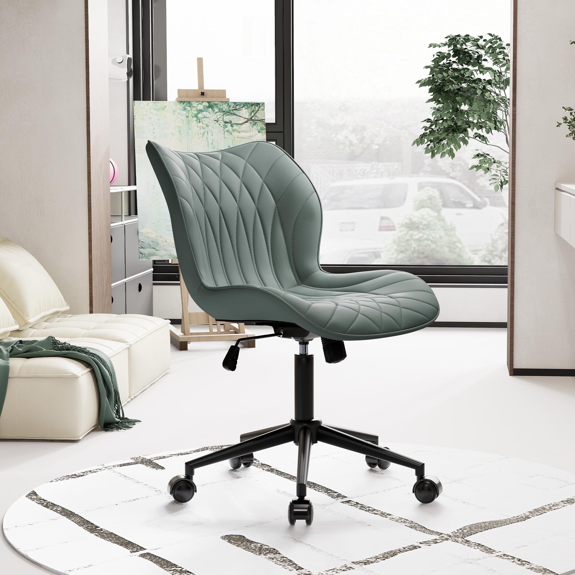 Armless Desk Chair Comfy Office Chair with Wheels Home Ergonomic Task Chair Adjustable Computer Chairs Modern Faux Leather Swivel Chair Upholstered Makeup Vanity Chair(Grayish Green)