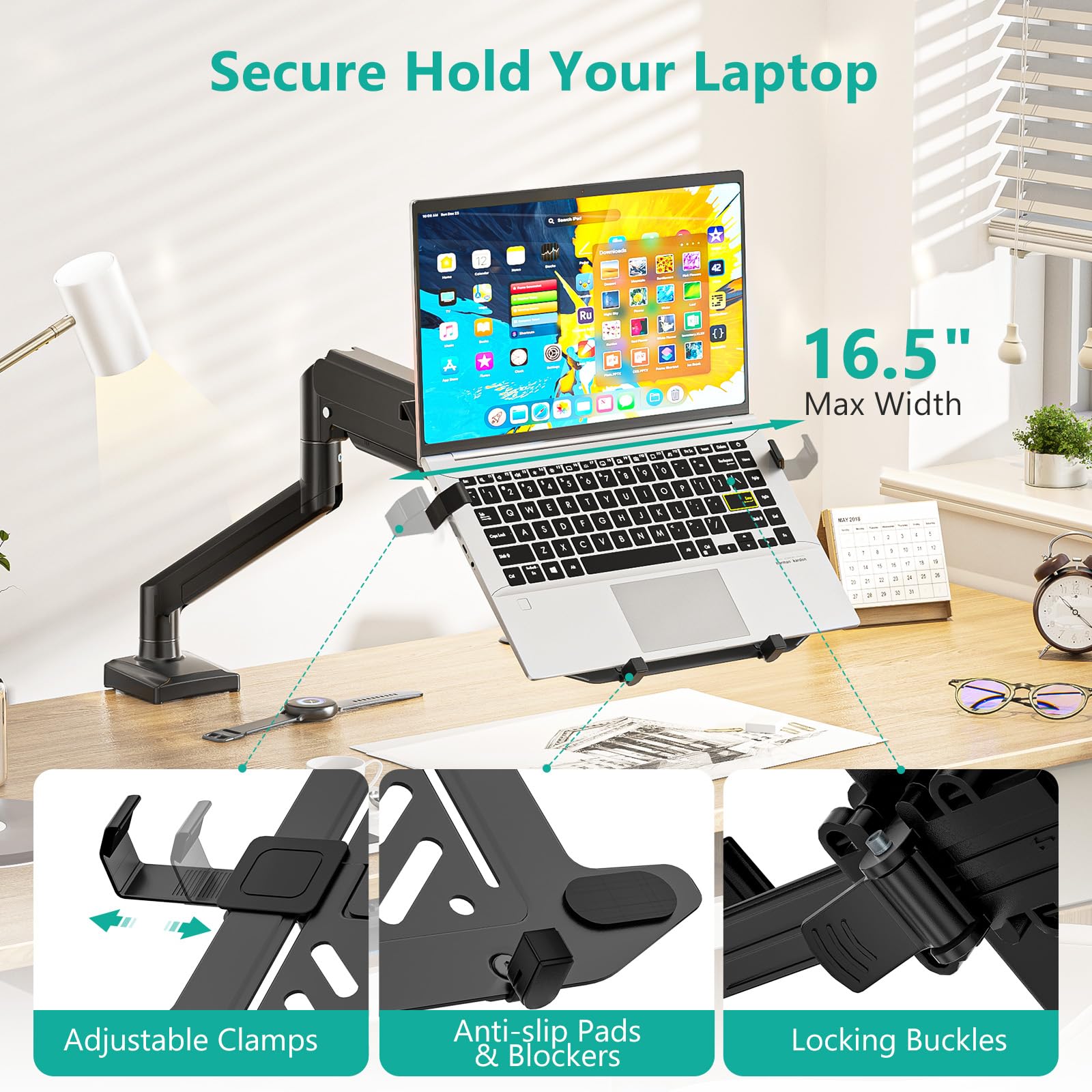 Single Arm Laptop and Monitor Desk Mount for 17" Notebook and Up to 32" Screen, 2-in-1 Adjustable Monitor Arm with Laptop Tray, VESA 75x75 100x100,Holds 22-26.4 lbs, Black