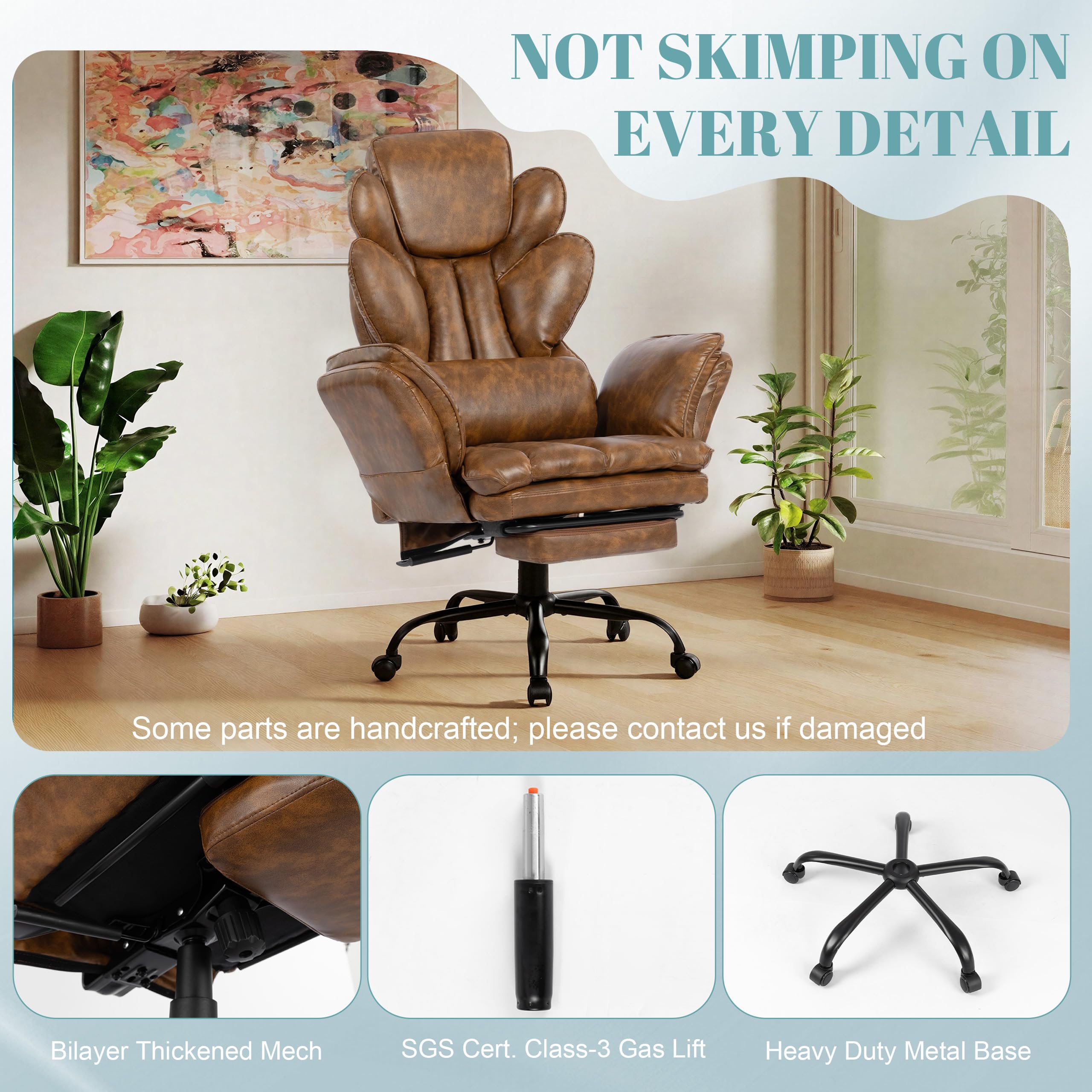 Flip Armrests Criss Cross Office Chair, Reclining Office Chair with Foot Rest, Adjustable Headrest, Massage Waist Pillow, Cross Legged Big and Tall Desk Chair Wide Seat Vanity Chair, PU Leather Brown