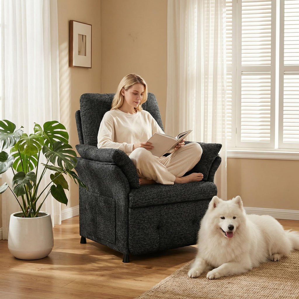 Power Recliner Chair for Adults with Heat & Massage - Linen Electric Reclining Sofa with Remote Control, 3 Side Pockets, 180° Lay Sleeper for Home Theater Living Room, Dark Grey