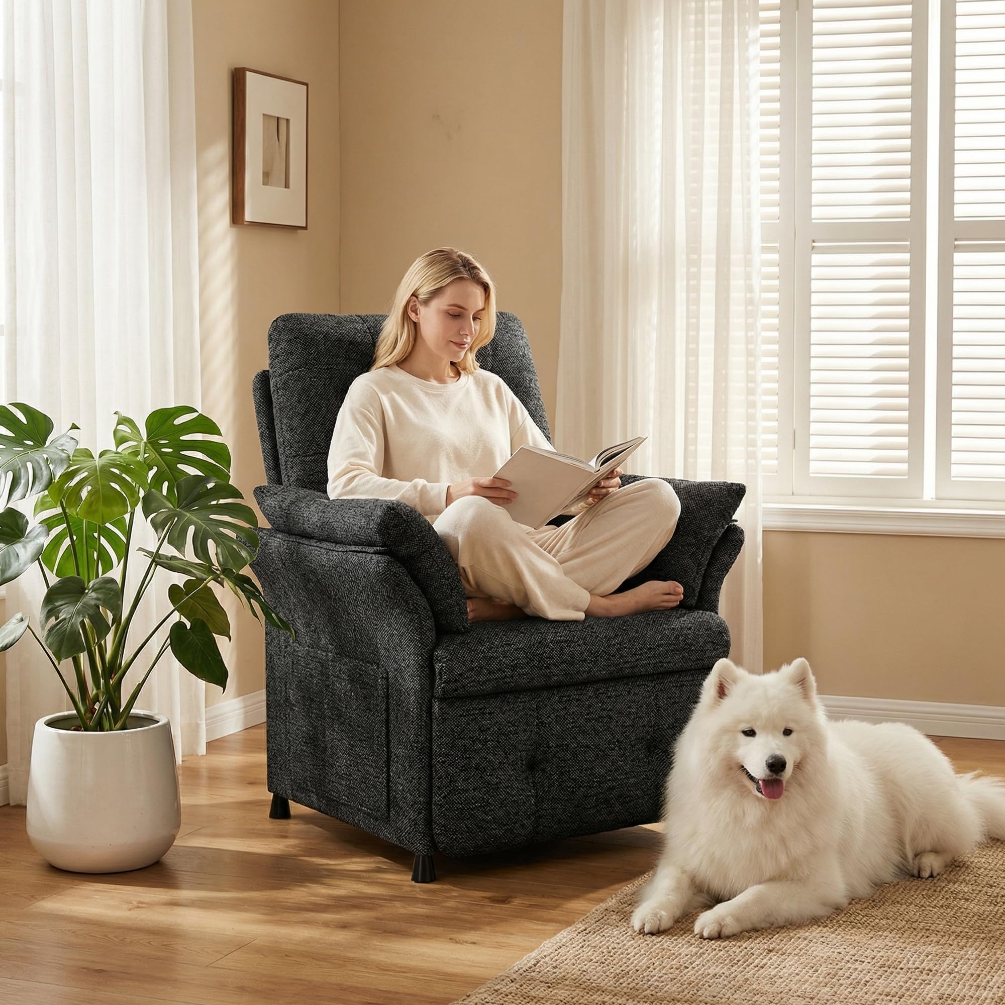 Power Recliner Chair for Adults with Heat & Massage - Linen Electric Reclining Sofa with Remote Control, 3 Side Pockets, 180° Lay Sleeper for Home Theater Living Room, Dark Grey
