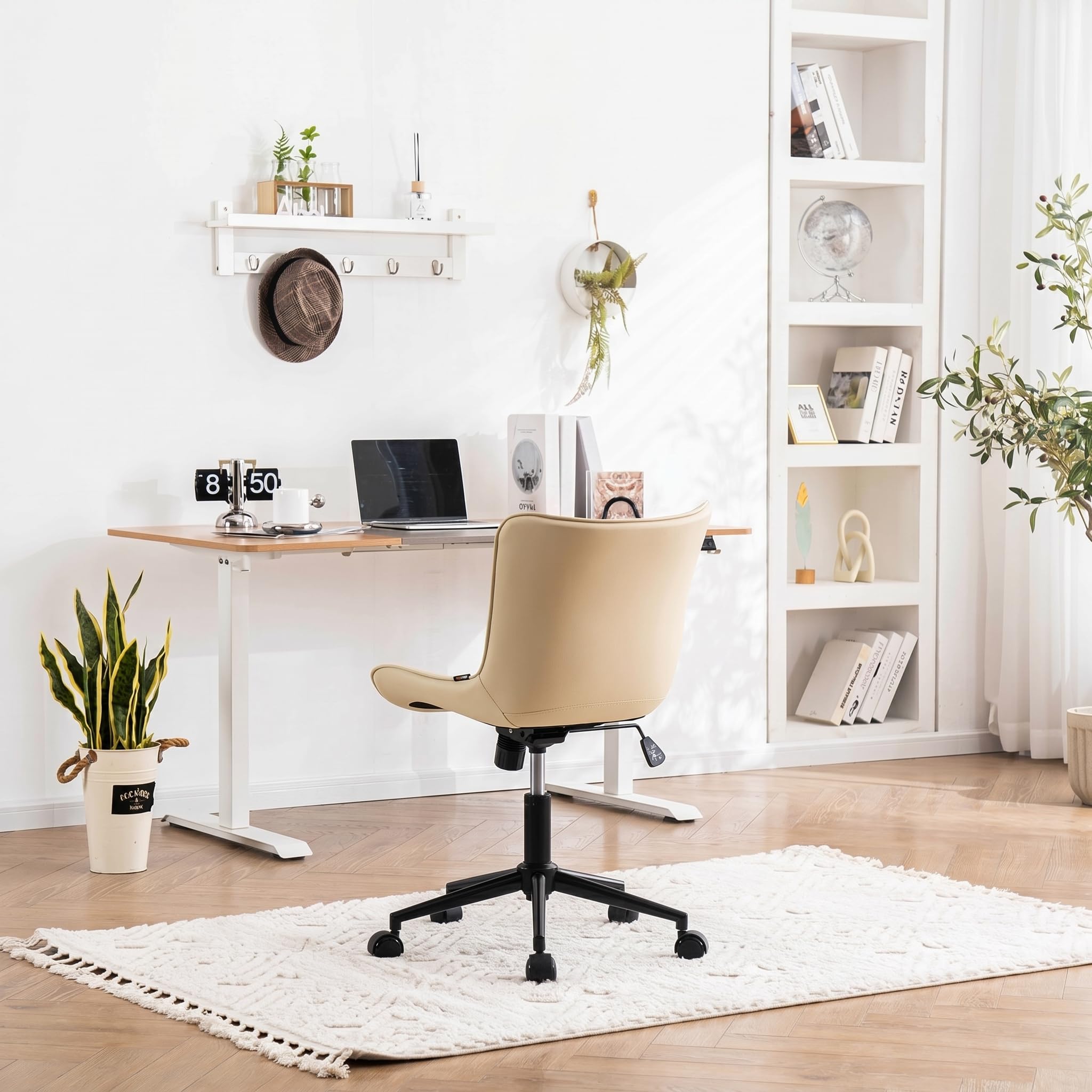 Ergonomic Home Office Desk Chair with Wheels Comfy Armless Vanity Chair with Adjustable Back Modern Leather Upholstered Swivel Computer Chair Small Rolling Task Chair  Beige