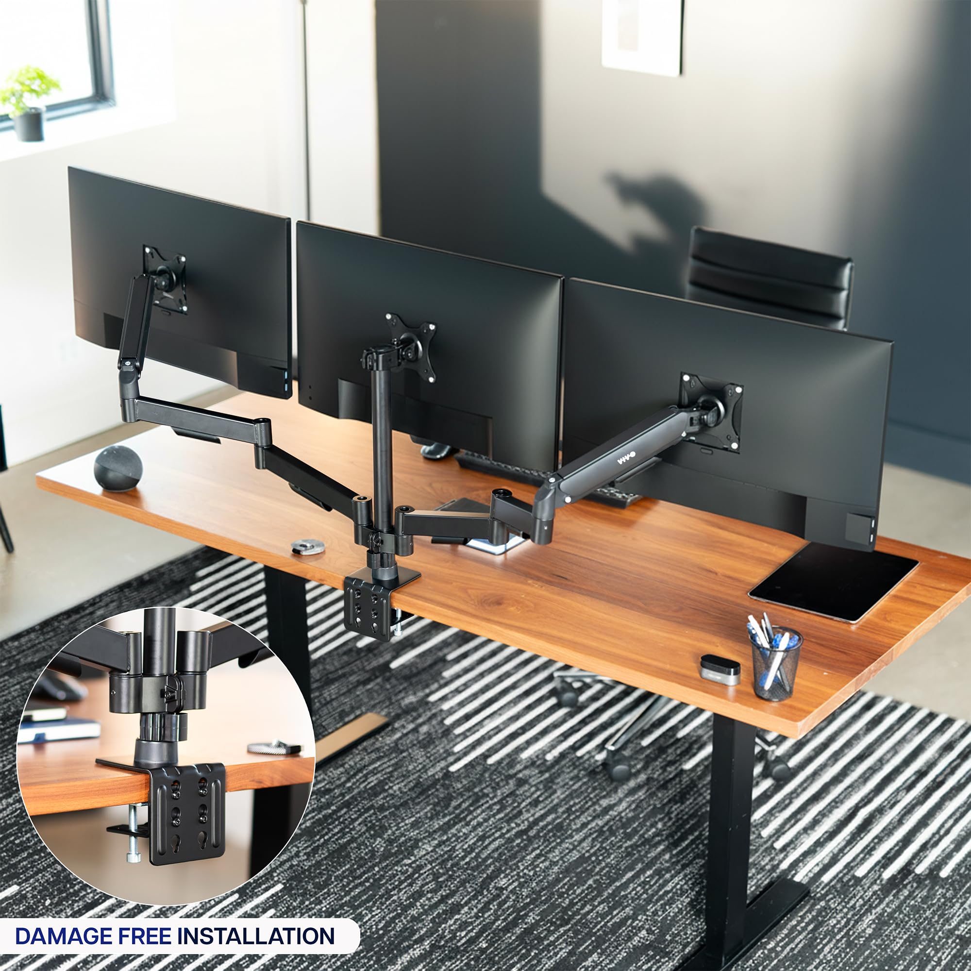 Triple Monitor Stand, Fully Adjustable Arms for 17 to 27 inch Screens, Mechanical Articulating Desk Mount, Gaming and Office Setups, VESA 75x75, 100x100, Max 19.8 lbs, Classic, Black, STAND-V003O
