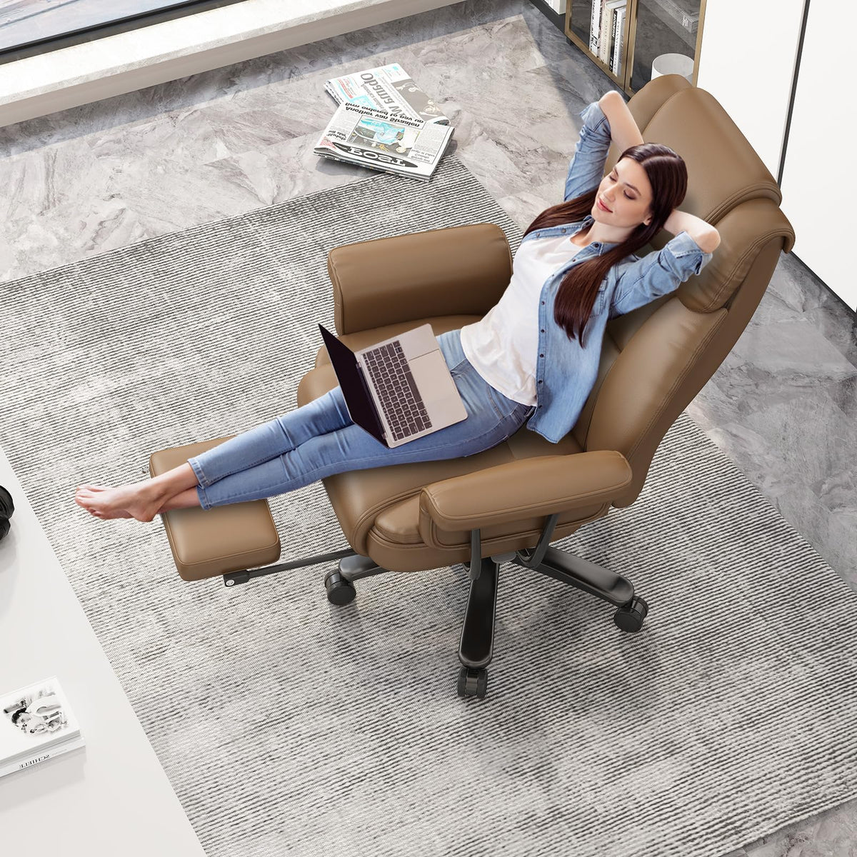 160 Reclining Office Chair with Footrest, Big & Tall Desk Chair, Brown